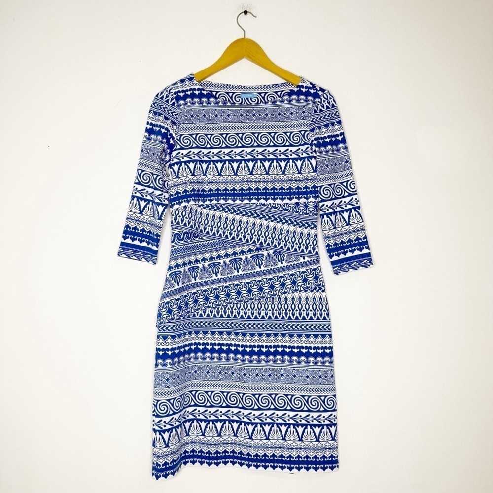 J.McLaughlin Dress Blue White Geometric Print Dress Size Small 3/4 Sleeve